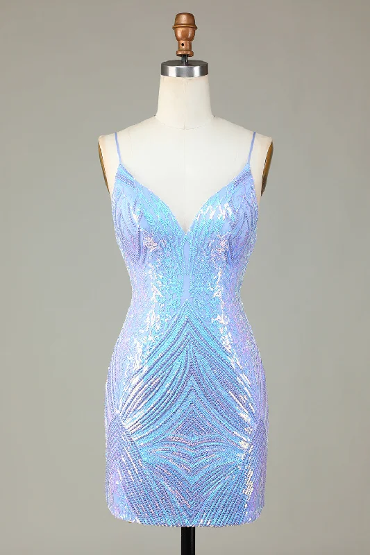 Little Black Women Dress with Sequins for a Glamorous Night OutSparkly Sheath Spaghetti Straps Blue Sequins Short Homecoming Dress with Backless