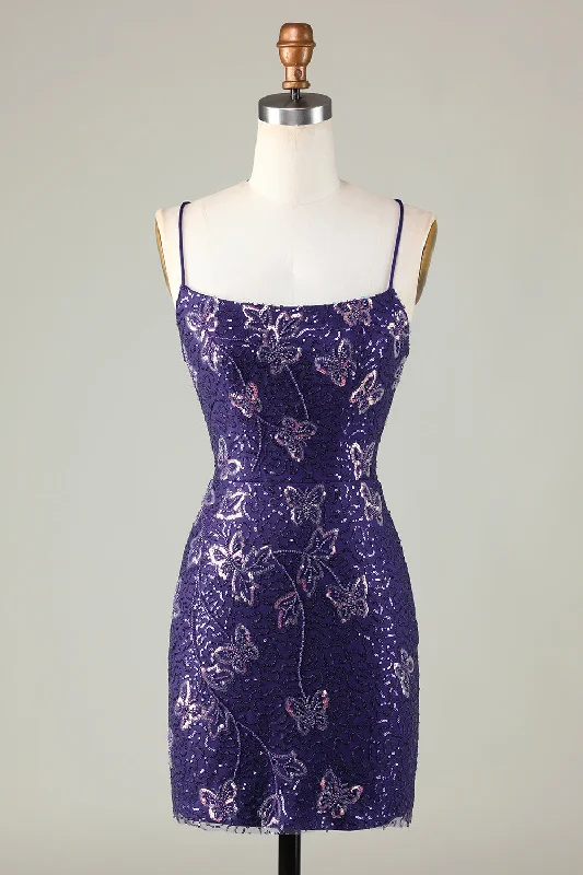 Plus Size Women Dress with a Flattering A - Line Cut for Comfort and StyleSparkly Sheath Spaghetti Straps Dark Purple Short Homecoming Dress with Criss Cross Back
