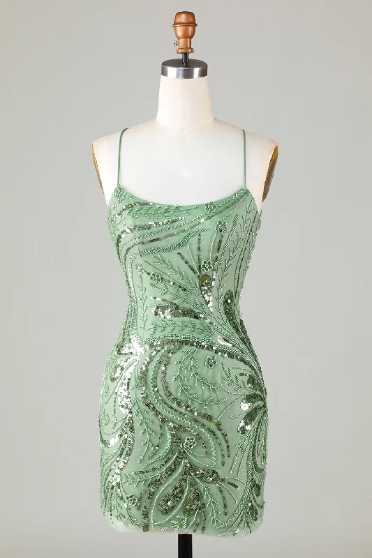 Strapless Women Dress with a Built - in Bra for Comfort and SupportSparkly Sheath Spaghetti Straps Green Short Homecoming Dress with Criss Cross Back