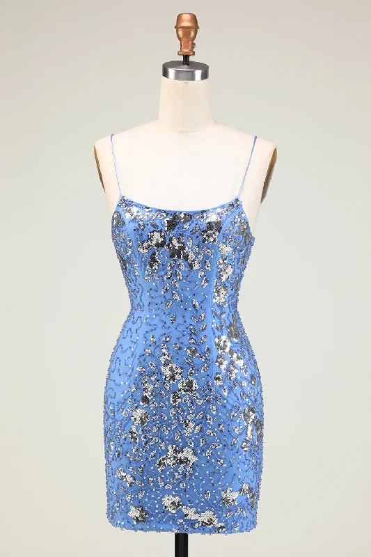 Mermaid - Style Women Dress with a Fitted Silhouette for Special OccasionsSparkly Sheath Spaghetti Straps Grey Blue Sequins Short Homecoming Dress with Criss Cross Back