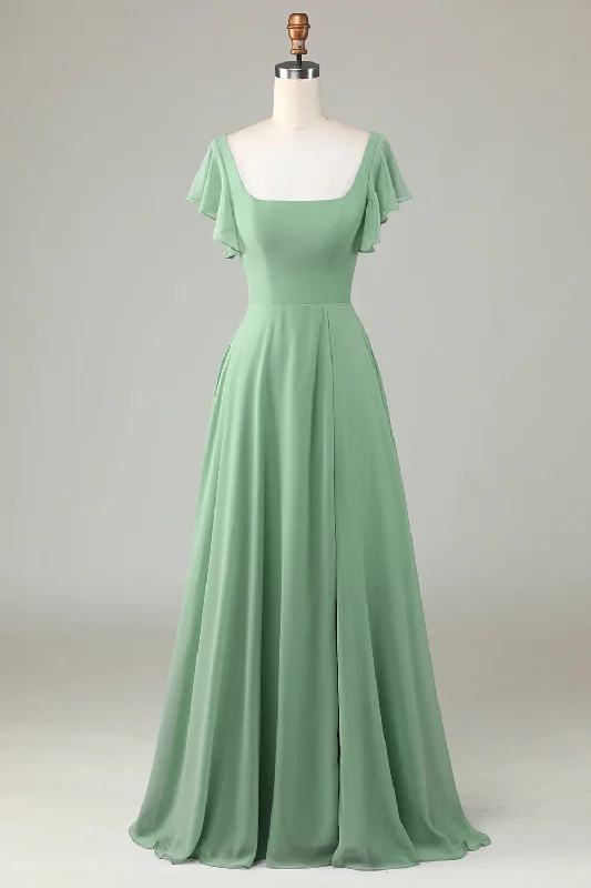 Wedding guest dresses with gathered skirts and V - necklinesSquare Neck Matcha Bridesmaid Dress with Ruffles