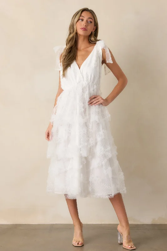 Wedding guest dresses with belted waists and knee - length skirtsStolen Glances White Midi Dress
