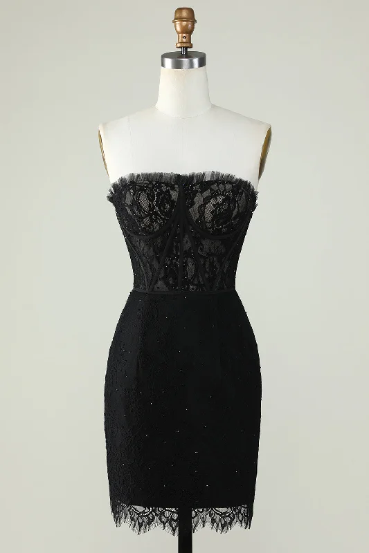 Strapless Black Homecoming Dress with Beading