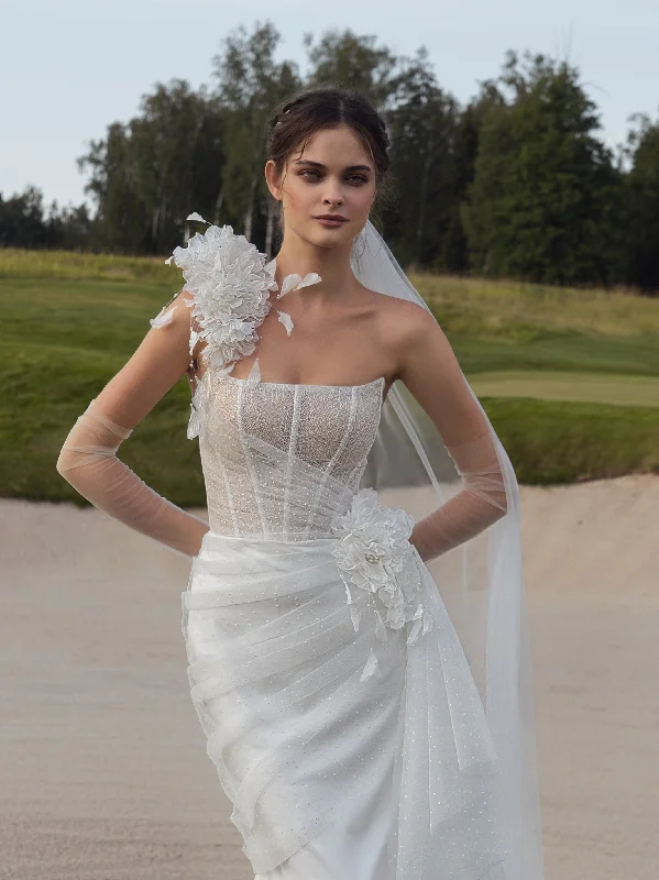 Embroidered wedding dresses with metallic threads​Strapless Mermaid Wedding Dress with 3-D Flowers