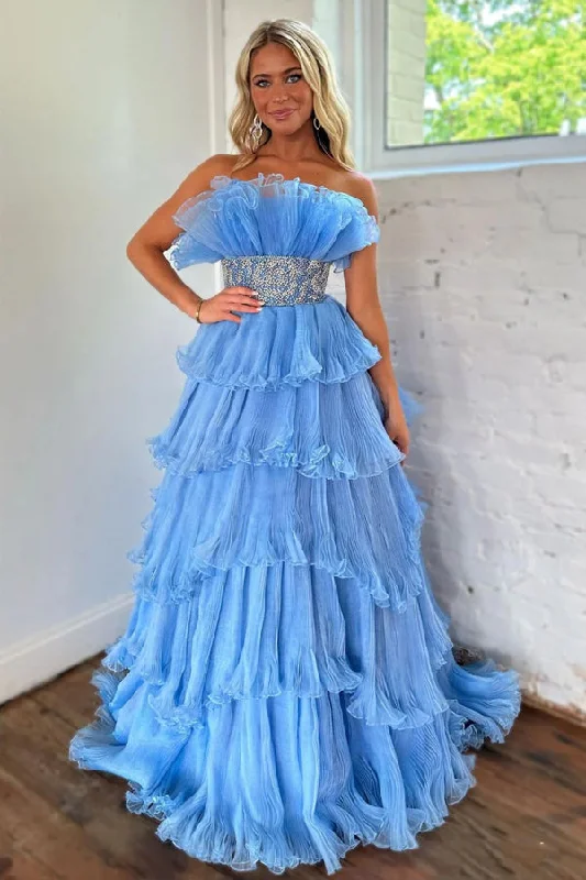Backless party dresses for a sexy and alluring appearance​Stylish Blue Strapless A-Line Long Tiered Prom Dress With Belt PSK483