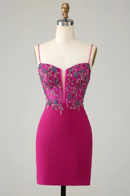 Pleated Women Dress with a Timeless and Elegant TextureStylish Bodycon Spaghetti Straps Fuchsia Short Homecoming Dress with Beaded