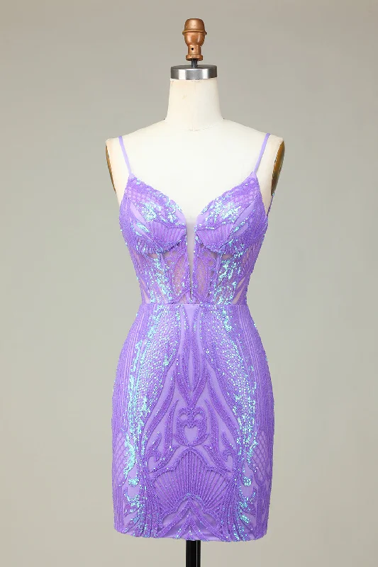 Off - the - Shoulder Women Dress for a Romantic and Feminine LookStylish Bodycon Spaghetti Straps Lilac Sequins Corset Homecoming Dress with Criss Cross Back