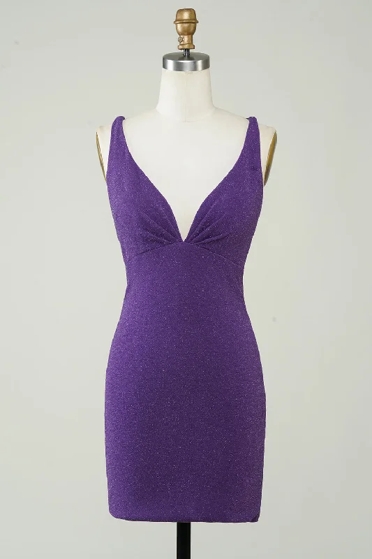 Stylish Deep V Neck Purple Short Homecoming Dress with Criss Cross Back