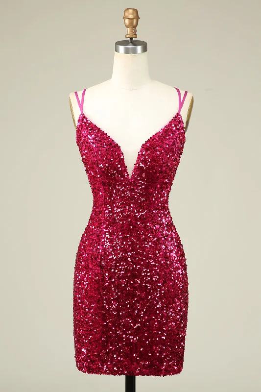 Mini Women Dress with a Short Hem for a Young and Trendy StyleStylish Fuchsia Spaghetti Straps Tight Homecoming Dress