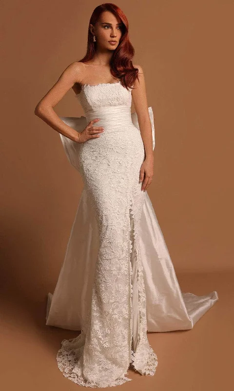 Lace - covered wedding dresses with a scalloped hem​Tarik Ediz 53198 - Ruched Off-Shoulder Long Dress