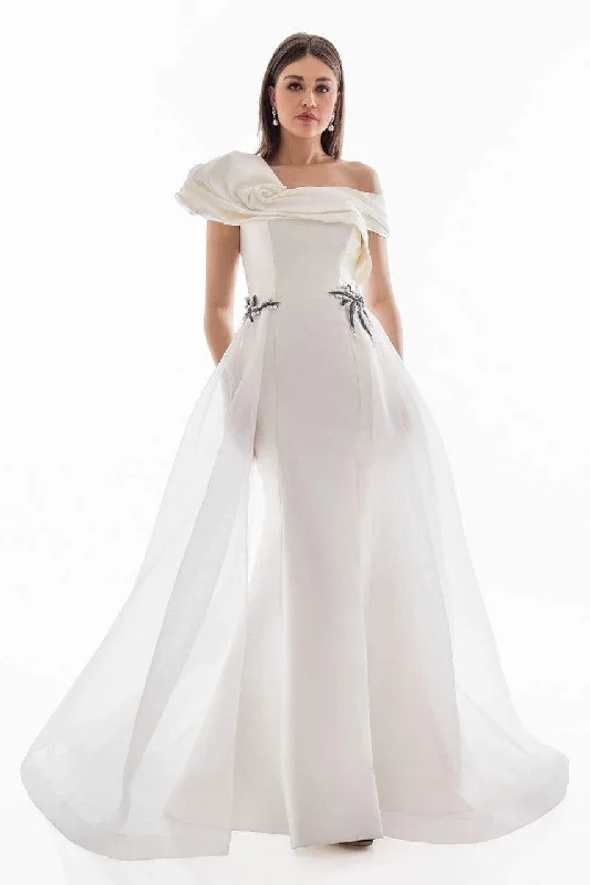 Wedding dresses with a ruched bodice for a textured lookTerani Couture - 1821E7100 Dramatic Off Shoulder Sheer Overskirt Gown