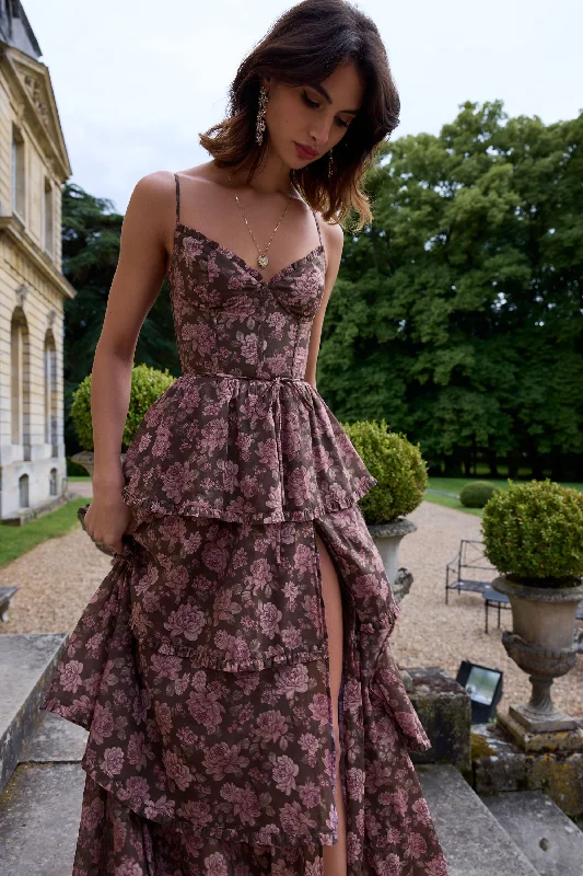 The Caterina Dress in Chocolate Peony Print