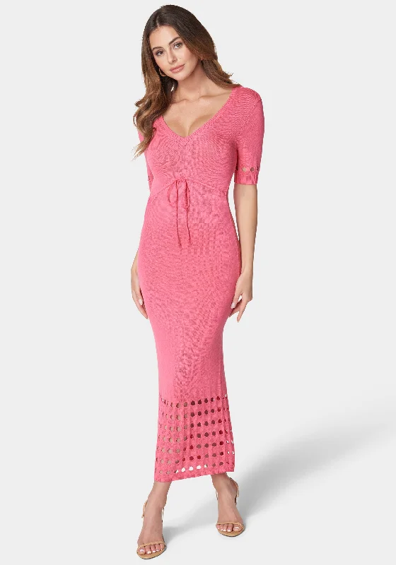 Bodycon dress with a flared skirt for a unique silhouette​Tie Front Cutout Crochet Midi Dress