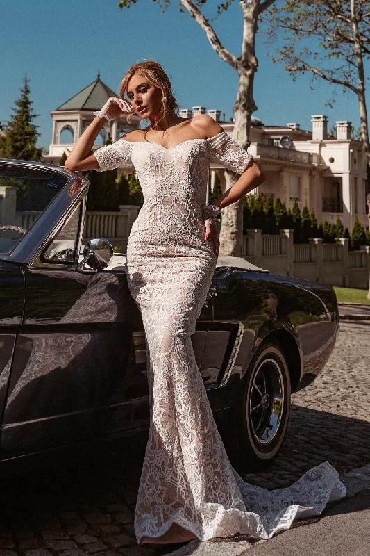 Sheer - panel wedding dresses with a touch of elegance​Tina Holly BB006 Long Mermaid Lace Fitted Wedding Dress