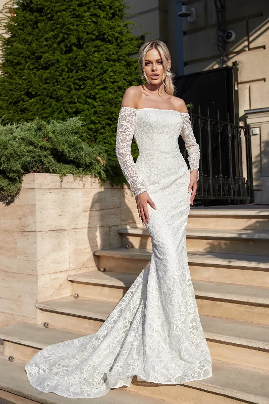 Wedding dresses with a lace - trimmed veil attachment​Tina Holly BB007 Bridal Lace Long Sleeve Mermaid Wedding Dress