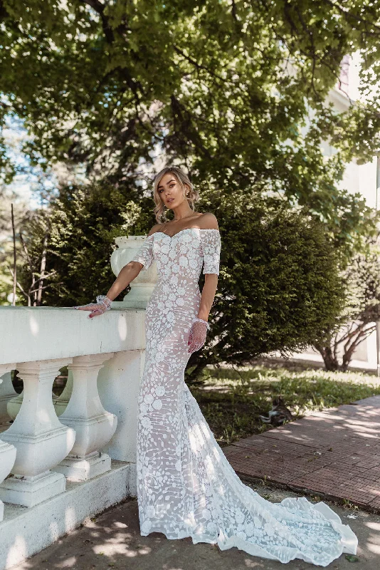 One - shoulder wedding dresses with a flowing sleeve​Tina Holly BB009 Beaded Lace Long Mermaid Boho Wedding Dress