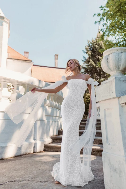 Square - neck wedding dresses with a demure look​Tina Holly BB010 Fitted Long Floral Lace Sequin Wedding Dress