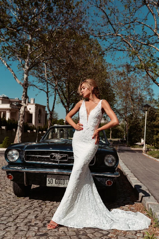 Ruffled wedding dresses with a cascading effect​Tina Holly BB011 Floral Lace Bridal Sequin Mermaid Long Wedding Dress