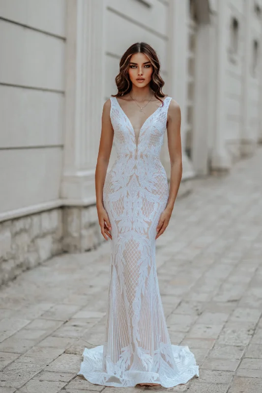 Modern minimalist wedding dresses with clean lines​Tina Holly BB052 Fitted Long Sequin Mermaid Boho Wedding Dress