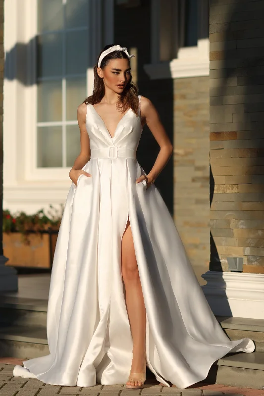 Off - the - shoulder wedding dresses with ruffled sleeves​Tina Holly BB209W A Line Long Ball Gown Wedding Dress