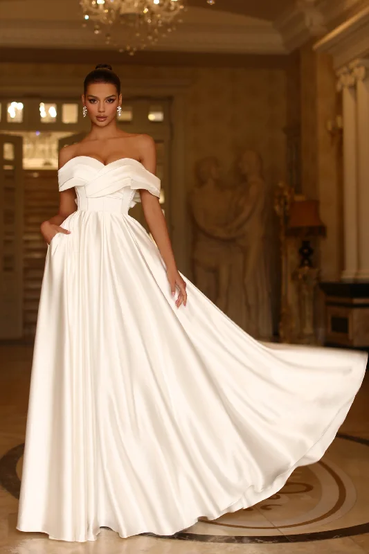 Beach - friendly wedding dresses made of lightweight fabric​Tina Holly TE207W Long Pleated A Line Wedding Dress