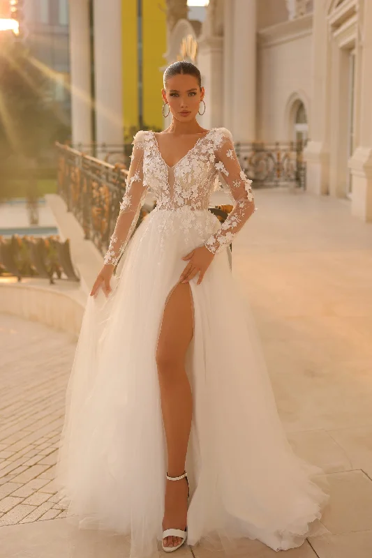 Ball gown style wedding dresses with sweetheart neckline​Tina Holly TF318 Long Sleeve Bridal Gown 3D Floral Wedding Dress
