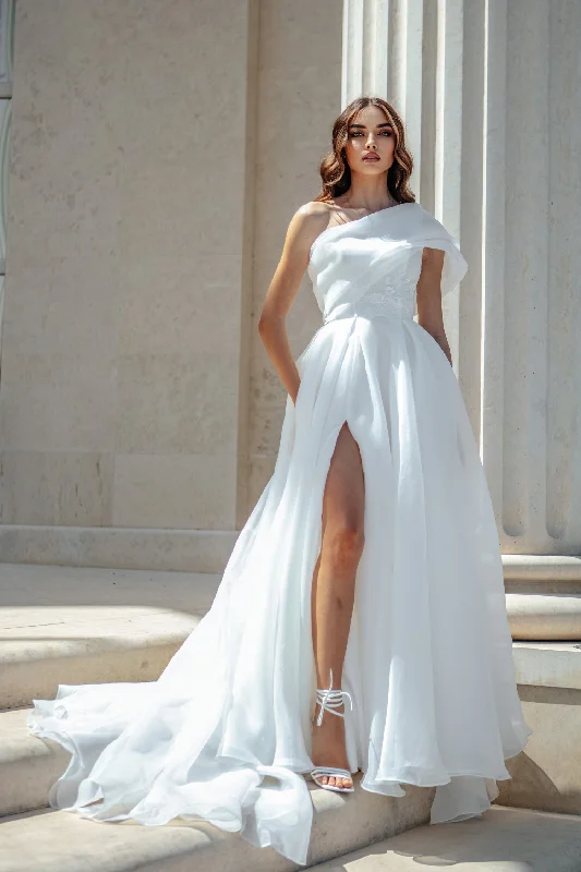 Lace - covered wedding dresses with a scalloped hem​Tina Holly TK012W Simple A Line Long Wedding Dress