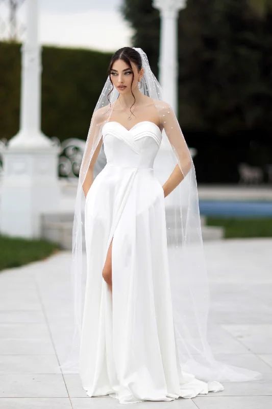 Sleeveless wedding dresses with a beaded belt​Tina Holly TW105 Simple Long A Line Ball Gown Wedding Dress