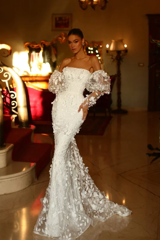 Long - sleeved lace wedding dresses for a modest style​Tina Holly TW121W Long 3D Lace Mermaid Detachable Sleeves Wedding Dress