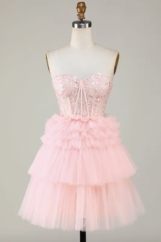 Trendy A-Line Sweetheart Pink Short Homecoming Dress with Ruffles