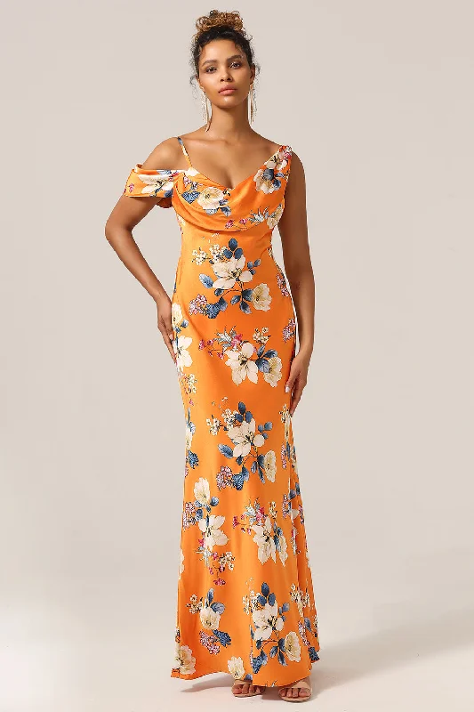 A - line cocktail wedding guest dresses in pastel colorsTrendy Mermaid One Shoulder Printed Orange Flower Bridesmaid Dress