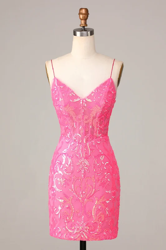 Backless Women Dress for a Sexy and Alluring Look at Evening EventsUndeniably Amazing Sheath Spaghetti Straps Fuchsia Sequins Homecoming Dress
