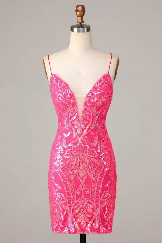 Long - Sleeve Women Dress in Velvet for a Luxurious Winter LookUndeniably Amazing Sheath Spaghetti Straps Fuchsia Sequins Short Homecoming Dress