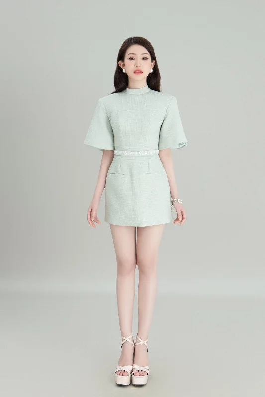 Party dresses with a metallic - thread embroidery for a luxurious touch​Utreat Straight High Neck Tweed Mini Dress