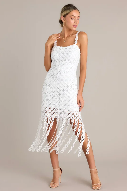 Lace - and - tulle wedding guest dresses with sweetheart necklinesWhisper Your Wishes White Fringe Midi Dress