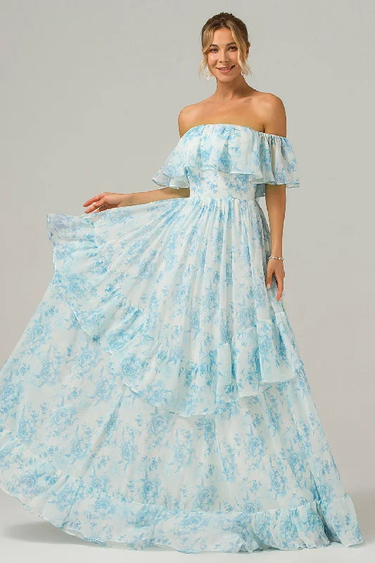 White Blue Floral Off The Shoulder Boho Long Bridesmaid Dress with Ruffles