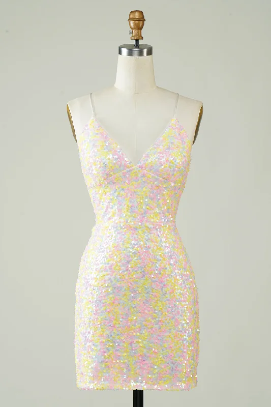 Sheath Women Dress with a Tailored Fit for a Professional LookWhite Spaghetti Straps Tight Homecoming Dress with Rainbow Sequins