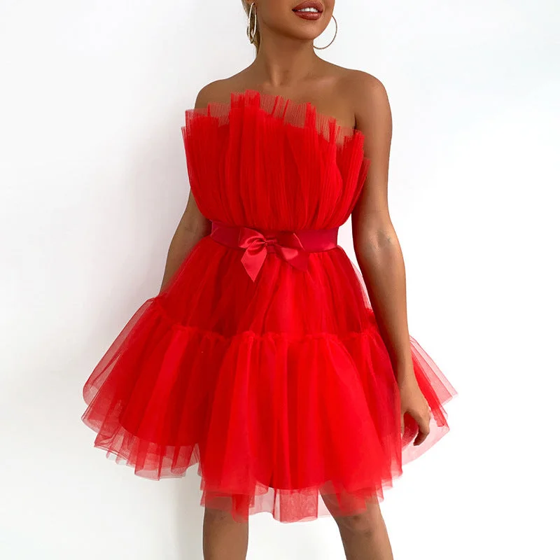 Formal dresses with ruched back panels and button - down fronts for a unique and flattering fit2022 Off Shoulder Ruffle Tulle Tutu Short Prom Gown With Bow Women Mini Dress