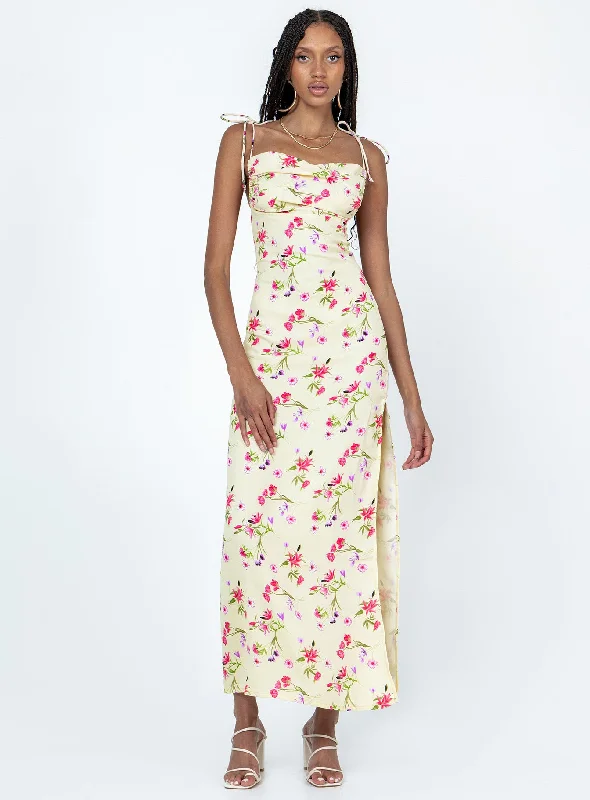 Formal dresses with one - shoulder ruffled straps and sequined bodices for a trendy and eye - catching lookArness Maxi Dress Yellow Floral