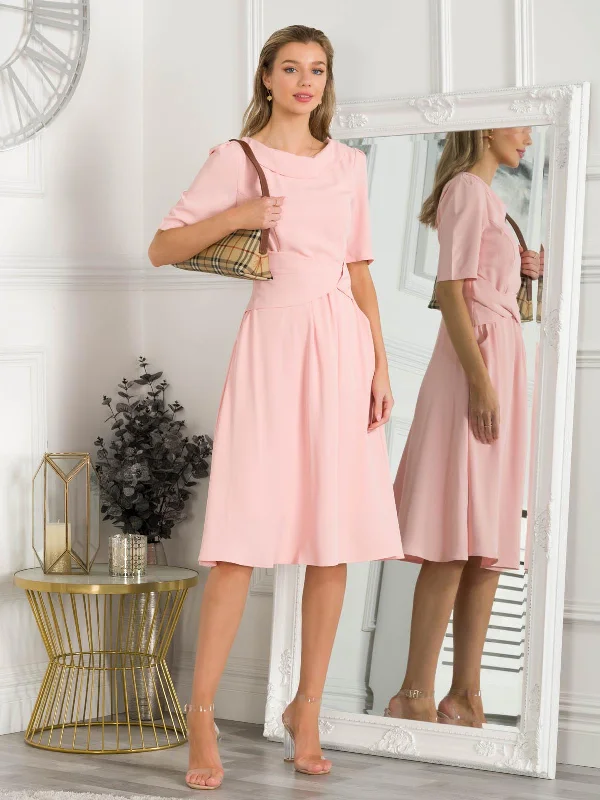 Prom dresses with one - shoulder ruffled straps and geometric patterns for a contemporary and eye - catching formal eventBeckie Fold Over Detail Flared Dress, Blush