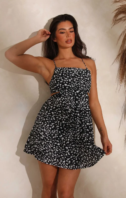 Black & White Strappy Floaty Leopard Print Dress - Bambina