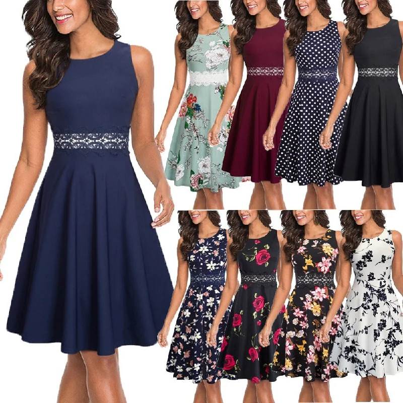 A - line formal dresses with beaded lace appliques for formal eventsClassic New Round Neck Women's Summer Lace Dress