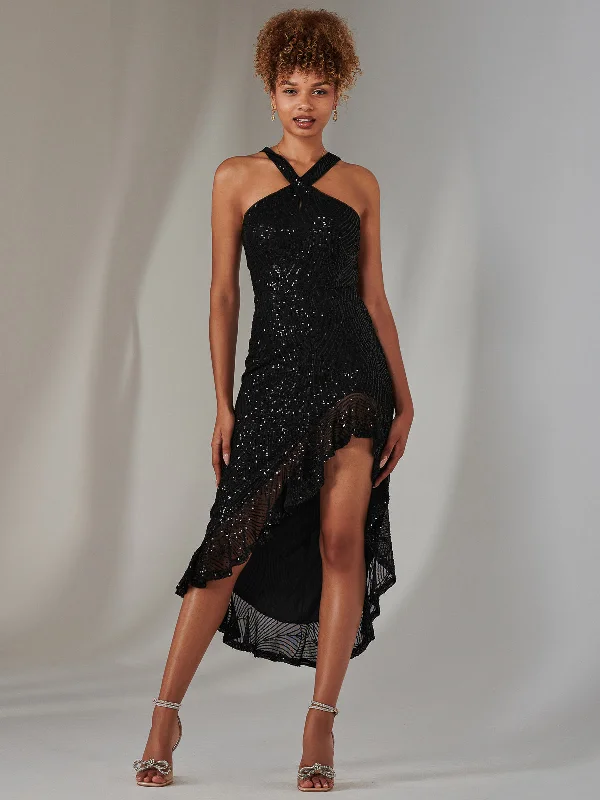 Formal dresses with pleated yokes and button - up fronts for a classic and refined lookCross Neck Side Ruffle Sequin Dress, Black