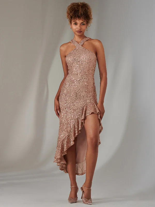Formal dresses with asymmetric ruffled hems and high - low designs for a fashion - forward and dynamic appearanceCross Neck Side Ruffle Sequin Dress, Bronze