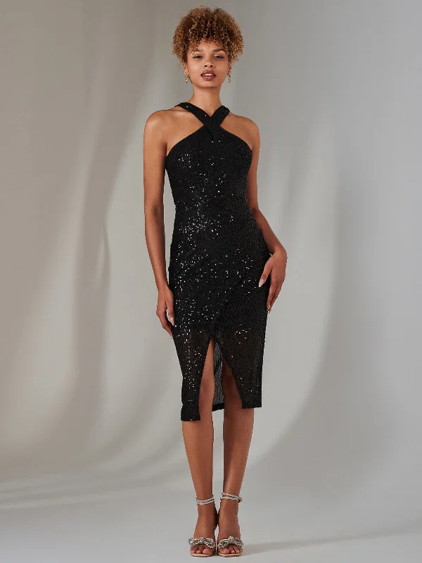 Sheath formal dresses with metallic thread detailing for a modern promCross Neck Slit Bodycon Dress, Black