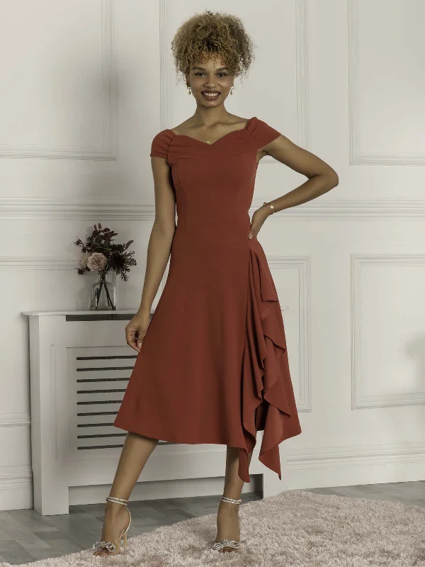 Formal dresses with pleated bodices and taffeta fabric for a traditional lookDesiree Frill Fit & Flare Dress, Rusty Red