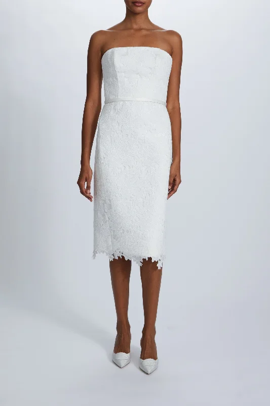 Prom dresses with tiered lace skirts and off - the - shoulder necklines for a feminine and elegant formal affairGuipure Lace Strapless Dress