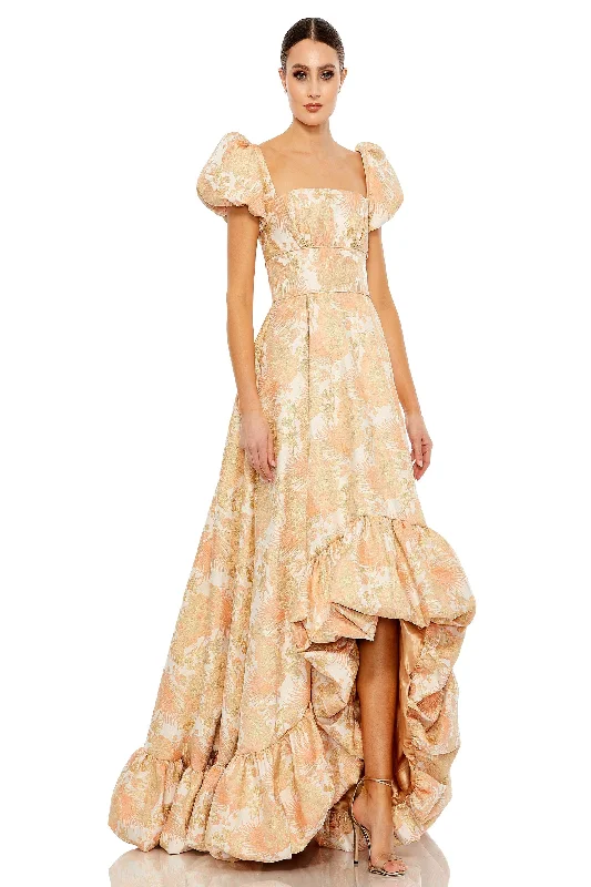 Formal dresses with cold - shoulder ruffled sleeves and floral prints for a romantic and trendy formal styleMac Duggal 68276