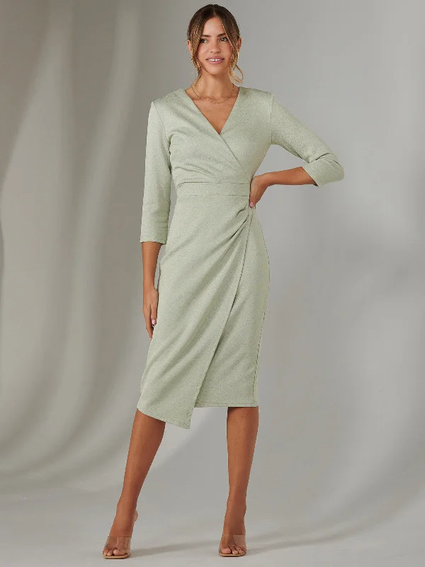 Prom dresses with lace - trimmed hems and off - the - shoulder necklines for a delicate lookMetallic Wrap Bodycon Dress, Light Green