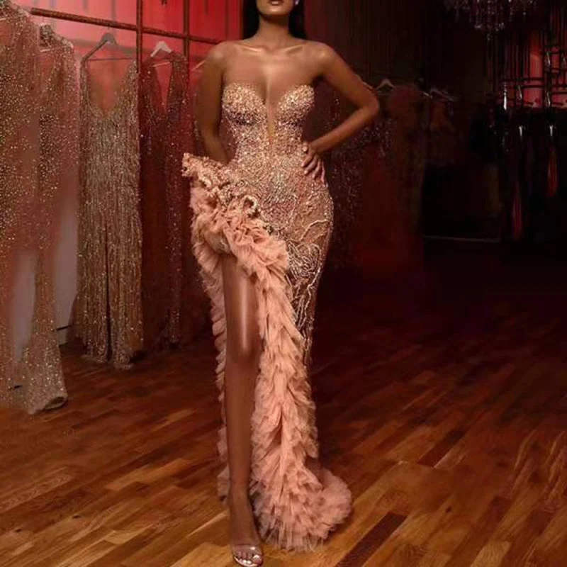 Prom dresses with lace - up side panels and ruffled bodices for a feminine and detailed lookNew women clothing sexy sleeveless sequined tube top with tassel tail prom dresses party maxi sequin evening dress